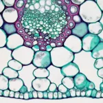 Bioscience image by Fayette Reynolds on Unsplash - Turquoise blue and purple alveoles. What it actually is: Angiosperm Leaf: Spongy Mesophyll and Abaxial Epidermis in The Hydrophyte Potamogeton cross section: Potamogeton leaf magnification.